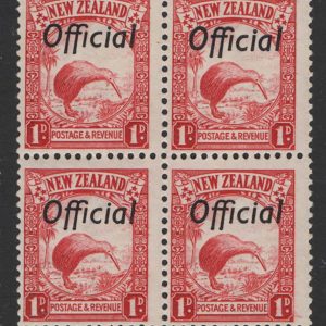 #878 New Zealand 1936 1d Kiwi Official wmk single NZ/star um blk of 4 perf 14x13½
