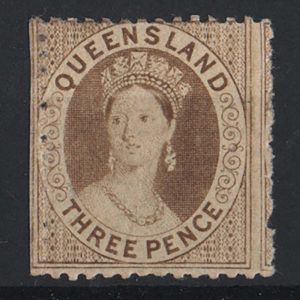 #900 Queensland 1862 3d brown no wmk thick paper rough perf 13 sg25 m/mint