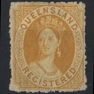 #898 Queensland 1860 (6d) REGISTERED yellow wmk small star perf 13 sg49 mint no gum