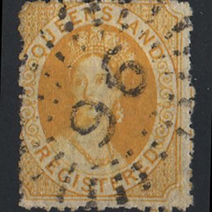#897 Queensland 1860 (6d) REGISTERED yellow wmk small star perf 13 sg49 fu c£45