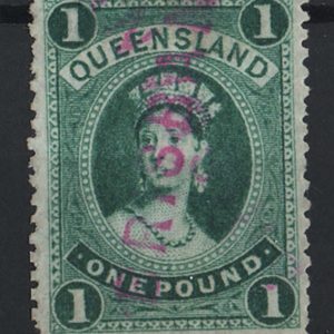 #906 Queensland 1880 £1 deep green perf 12 wmk small crown/Q sideways (twice)