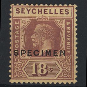 #920 Seychelles 1921 18c purple/pale yellow ovpt Specimen f mint sg112s