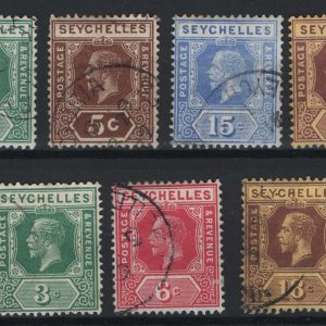 #919 Seychelles 1912 MCA wmk range to 1r50 and script wmk to 25c vfu c£160+ +