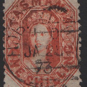 #943 Tasmania 1871 1s orange-red double line numeral wmk perf 11½ fu sg141 c£65