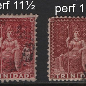 #953 Trinidad 1862 (1d) crimson-lake thick paper perf 11½, 12 vfu, ditto perf 13