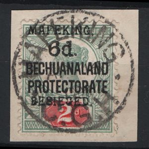 #080 Cape of Good Hope 1900 Mafeking 6d on 2d green & carmine vfu on piece sg8