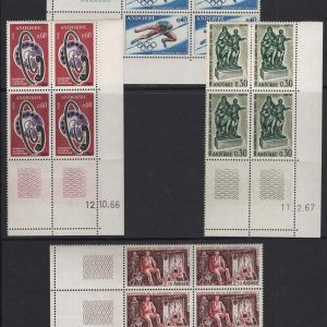 #022 Andorra 1967-1968 um 'coin date' blocks of 4 sgF201-3, 213 c£75+