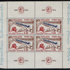#136 France 1964 Philatelic Exhibition 1f in um blk of 4 sg1651 light mount in margin