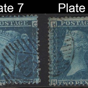 #284 GB 1858 2d blue plates 7 & 8 odd short perf otherwise vfu sg45 c£90