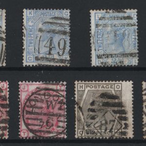 #326 GB 1873 QV wmk spray range: 2½d blue plates 17-19, 3d rose plates 12, 14, 16 +++