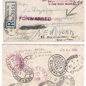 #754 Gibraltar 1931 3d perf 14 sg113 fu on much redirected 1938 registered cover