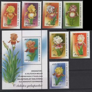 #981 Uzbekistan 2002 Irises set of 7 & m/sheet um sg435-442 - flowers thematic