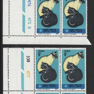 #923 South West Africa 1972 Cats 5c, sg234, in two different cylinder blocks of 4