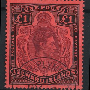 #826 Leeward Is 1938 £1 brown-purple & black/salmon perf 14 vfu sg114b