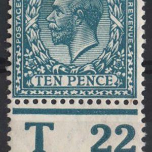 #465 GB 1912 10d deep turquoise-blue T22(P) control single sg394a um but light tone