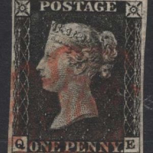 #164 GB 1840 1d black plate 4 QE vfu, 4 good margins, neat red MX, sg2