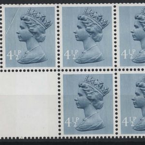 #624 GB 1971 Machin 4½p booklet pane stitching error, selvedge stitching holes