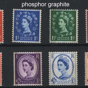 #555 GB 1959 Phosphor Graphite set of 8 um, odd minor gum wrinkle sg599-609