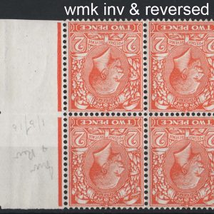 #458 GB 1912 2d die 1 wmk inverted & reversed f mint marginal blk of 4 (2x um)
