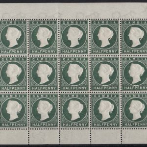 #142 Gambia 1886 ½d grey-green wmk CA sg22 fine fresh complete pane of 15, 14x um