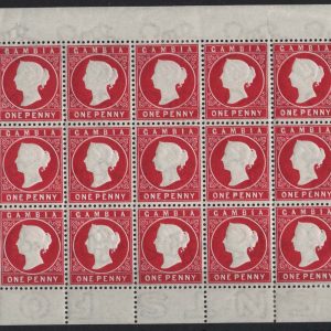 #143 Gambia 1886 1d aniline-crimson wmk CA sg23a fine fresh complete pane of 15