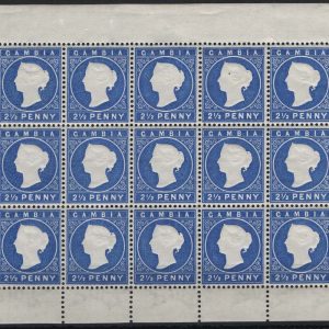 #144 Gambia 1886 2½d bright blue wmk CA sg27 fine fresh complete pane of 15, stamps um