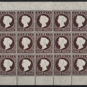 #145 Gambia 1886 4d deep brown wmk CA sg31 fine fresh complete pane of 15, stamps um