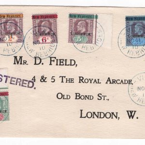 #865 New Hebrides 1908 2d-1s vfu on 1920 registered front of London, VILA cds sg5-9
