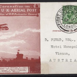 #418 GB 1911 First Aerial Post SP11, 1911 London '3' cancel on card to Vienna