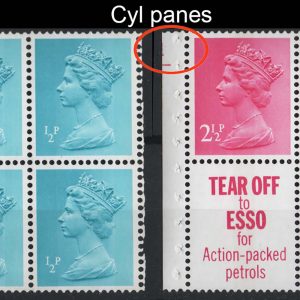 #609 GB 1971 Machin ½p Lick and 2½p Tear Off cyl panes um, perfs as scan sgX841var