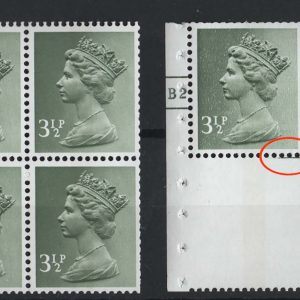 #622 GB 1971 Machin 3½p CB PVAD cyl pane with line at top right of label, ditto PVA