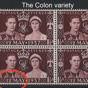 #512 GB 1937 Coronation r10/1, the Colon flaw marginal blk of 4, stamps um sg461a