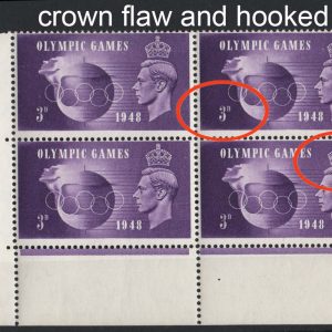 #538 GB 1948 Olympics 3d r20/2 crown flaw & r19/2 'hooked 3' f mint corner blk of 4