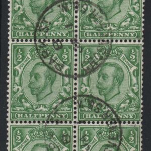 #430 GB 1911 ½d yellow-green die 2 wmk crown vfu blk of 6, FIRST DAY Grosvenor Sq cds