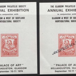 #641 GB 1974 Glasgow Philatelic Exhibition souvenir sheet, ditto overprinted +