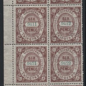 #292 GB 1864 Universal Private Telegraph Co 6d stamp, um blk of 8, fault on corner
