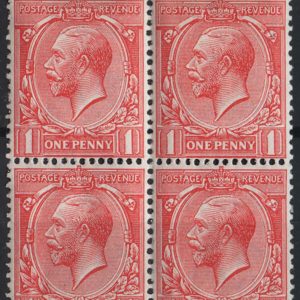 #452 GB 1912 1d pale red fine blk of 4, 3x um, specialised shade sg357var Spec
