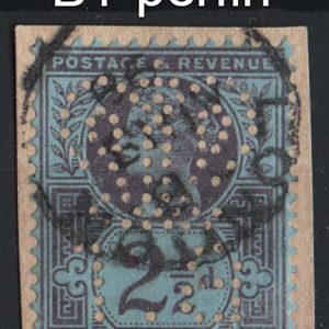 #671 GB Officials 1887 2½d Crown/BT perfin fu tied on piece