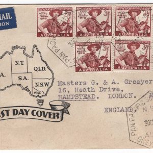 #032 Australia 1952 Scout Jamboree neat illustrated FDC to UK, special Scouts cancel