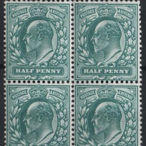 #380 GB 1902 ½d deep blue-green v fine um blk of 4 sg216 Spec M1(3) c£60+
