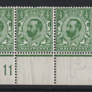 #424 GB 1911 ½d die 1a wmk crown A11 corner strip of 6 f mint (3x um), gum wrinkle