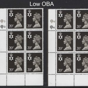 #710 GB Machin Cyl blocks Northern Ireland 20p black, low OBA cyl Q3Q3 & Q4Q4
