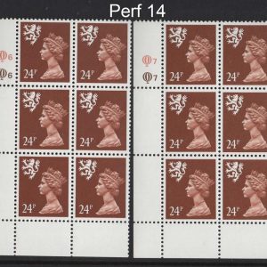#721 GB Machin Cyl blocks Scotland 24p chestnut perf 14 cyl Q5Q5, Q6Q6, Q7Q7, Q8Q8