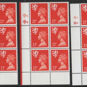 #720 GB Machin Cyl blocks Scotland 22p orange-red cyl Q3Q3, Q6Q6, Q9Q9 MCC£45