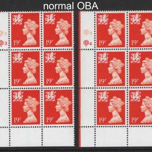 #735 GB Machin Cyl blocks Wales 19p orange-red normal OBA paper cyl Q3Q3, Q4Q4
