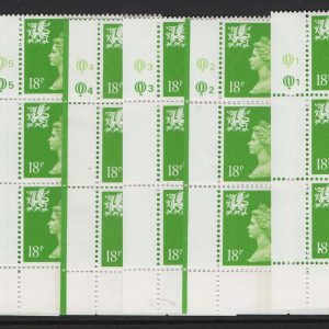 #730 GB Machin Cyl blocks Wales 18p bright green CB cyl Q1Q1 through Q6Q6, MCC£27+