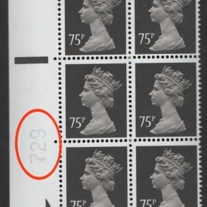 #706 GB Machin Cyl blocks Machin 75p grey-black Warrant block '729'