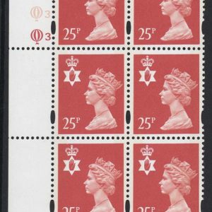 #711 GB Machin Cyl blocks Northern Ireland 25p salmon-pink cyl Q3Q3 yellow fluor