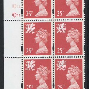 #737 GB Machin Cyl blocks Wales 25p salmon-pink cyl Q11Q11 blue fluor ellipse type