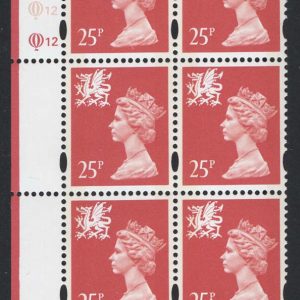 #738 GB Machin Cyl blocks Wales 25p salmon-pink cyl Q12Q12 blue fluor ellipse type